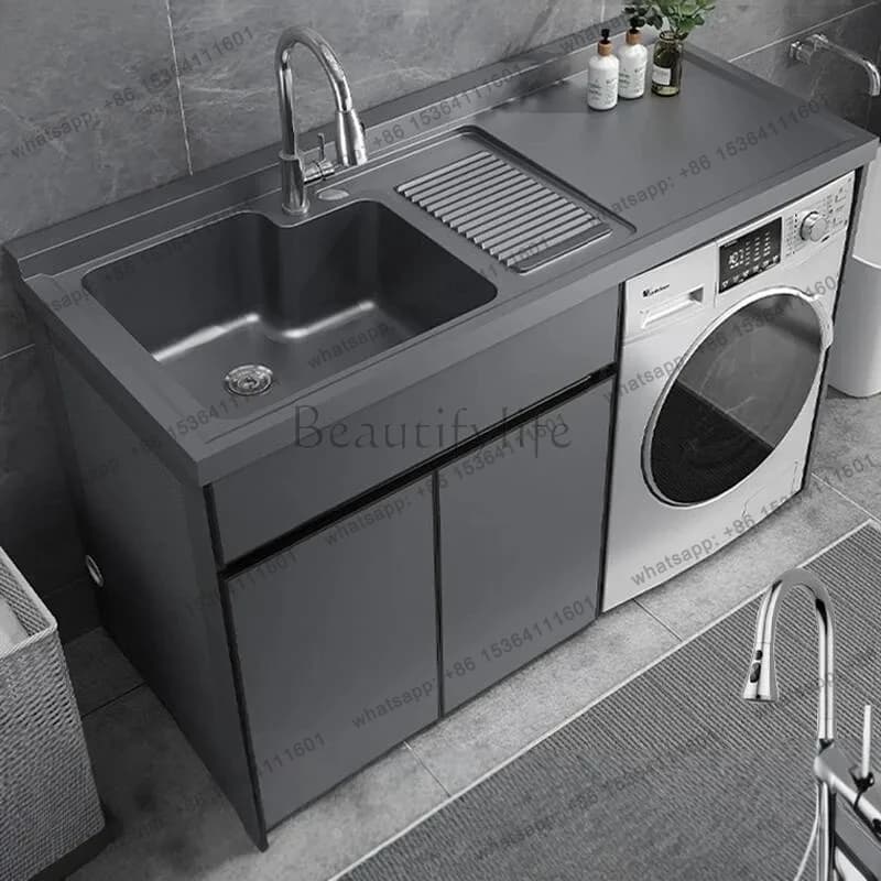 Mobile lavanderia da balcone in alluminio a nido d'ape con lavabo integrato e lavatoio combinato con asse da stiro, taglio angolare