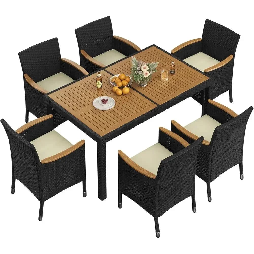 7-Piece Outdoor Patio Furniture Set with Acacia Wood Top and Rattan Chairs, Black/Beige Cushions