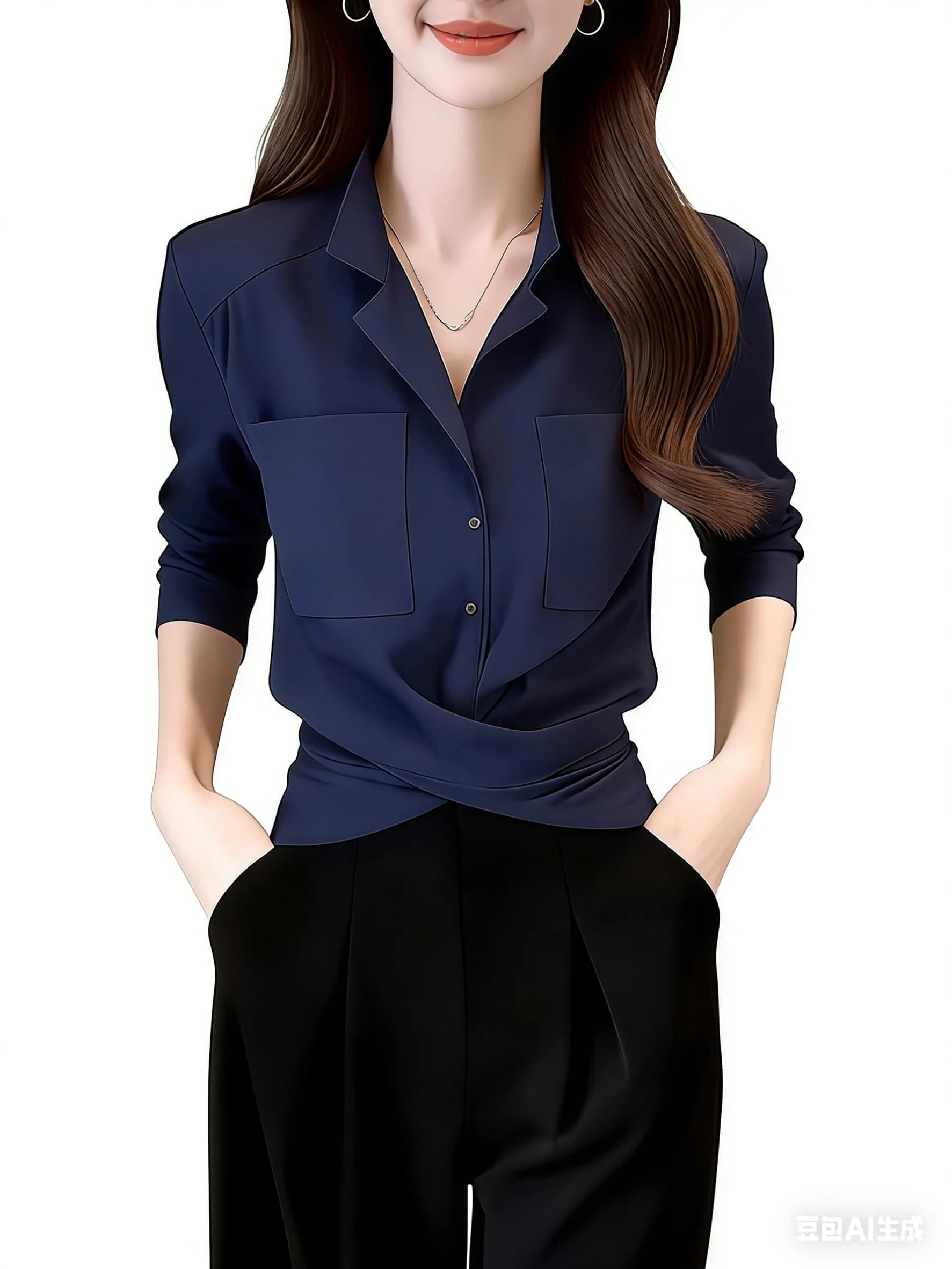 Camicetta di Lusso Bianca e Blu Navy per Donna - Elegante Camicia con Colletto a Risvolto e Chiusura Frontale Incrociata con Tasche, Stile Chic Business Casual da Lavoro Coreano