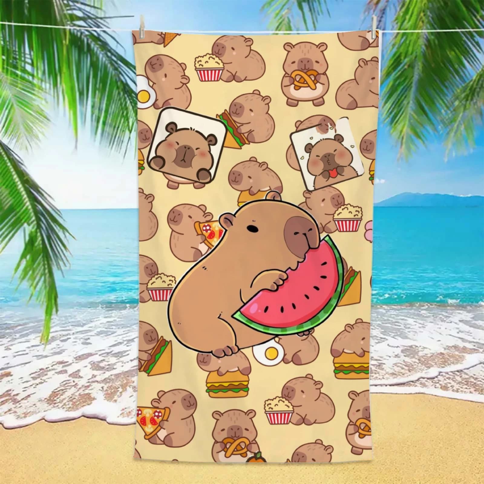 Asciugamano da Spiaggia con Simpatico Disegno di Capibara, in Microfibra ad Asciugatura Rapida e Assorbente, per Spiaggia, Piscina, Viaggi, Bambini e Donne, Estivo