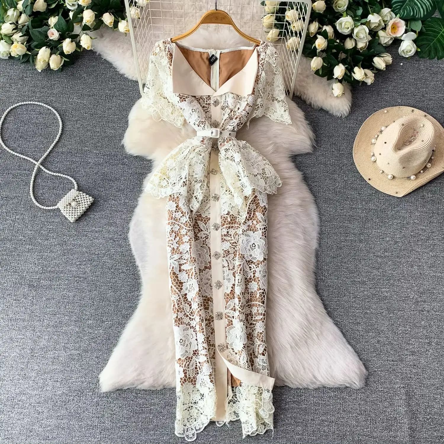 Summer Beaded Diamonds Embroidery Hollow out Lace Prom Dress Women's Short Sleeve Single-Breasted Ruffle Evening Party Midi Robe