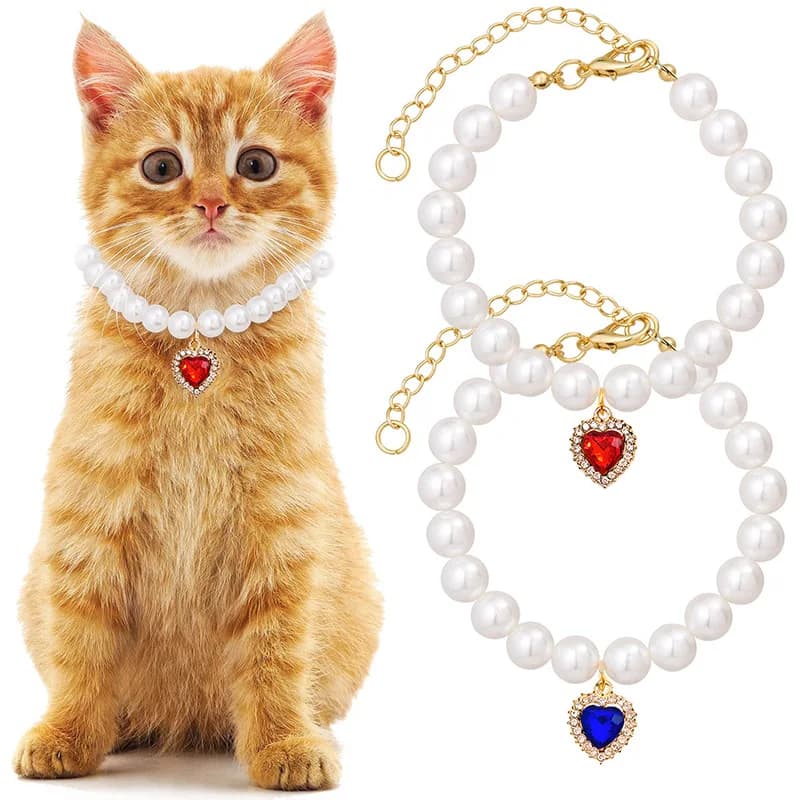 Collana di Perle per Gatti e Cani, Stile Principessa, Ciondolo a Cuore in Acrilico con Strass, Elegante Gioiello per Animali Domestici