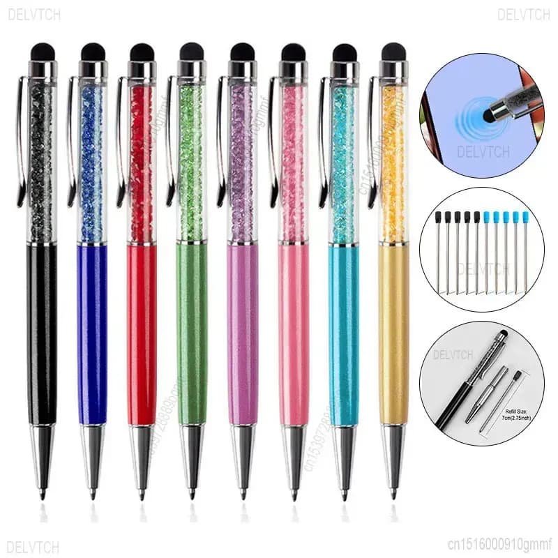8 pezzi set cristallo diamante touch screen capacitivo stilo penna a sfera punta da 1.0mm penna a sfera per ufficio blu nero olio ricarica di cancelleria