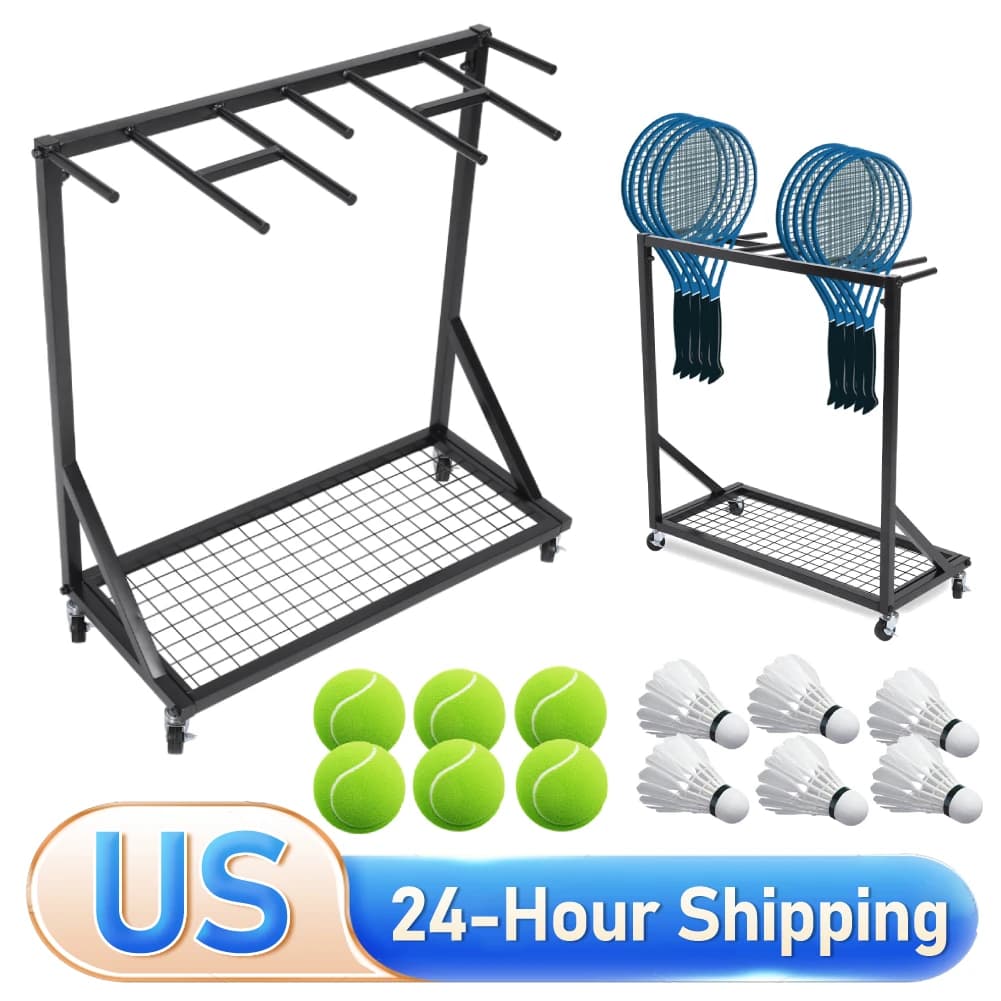 2-layer tennis rack with 360 ° Resistant tennis display organizer with rotating wheels can contain 76 tennis racks 80x35x80 cm