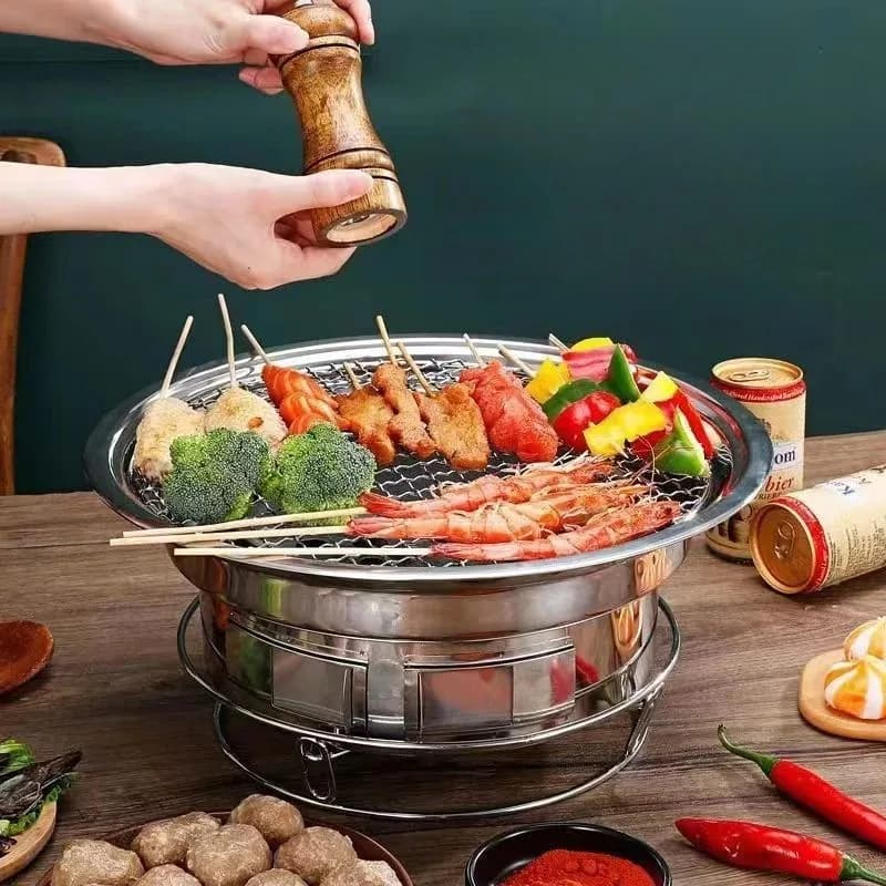Portable Stainless Steel BBQ Grill & Tea Stove Set - Non-Stick Outdoor Camping Heating Furnace with Carry Bag for Garden Picnic