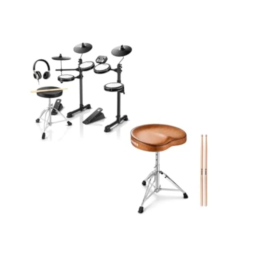 Set di batteria elettronica DED-80 con 4 pad in mesh silenziosi e sgabello per batteria regolabile in altezza con sedile imbottito per adulti