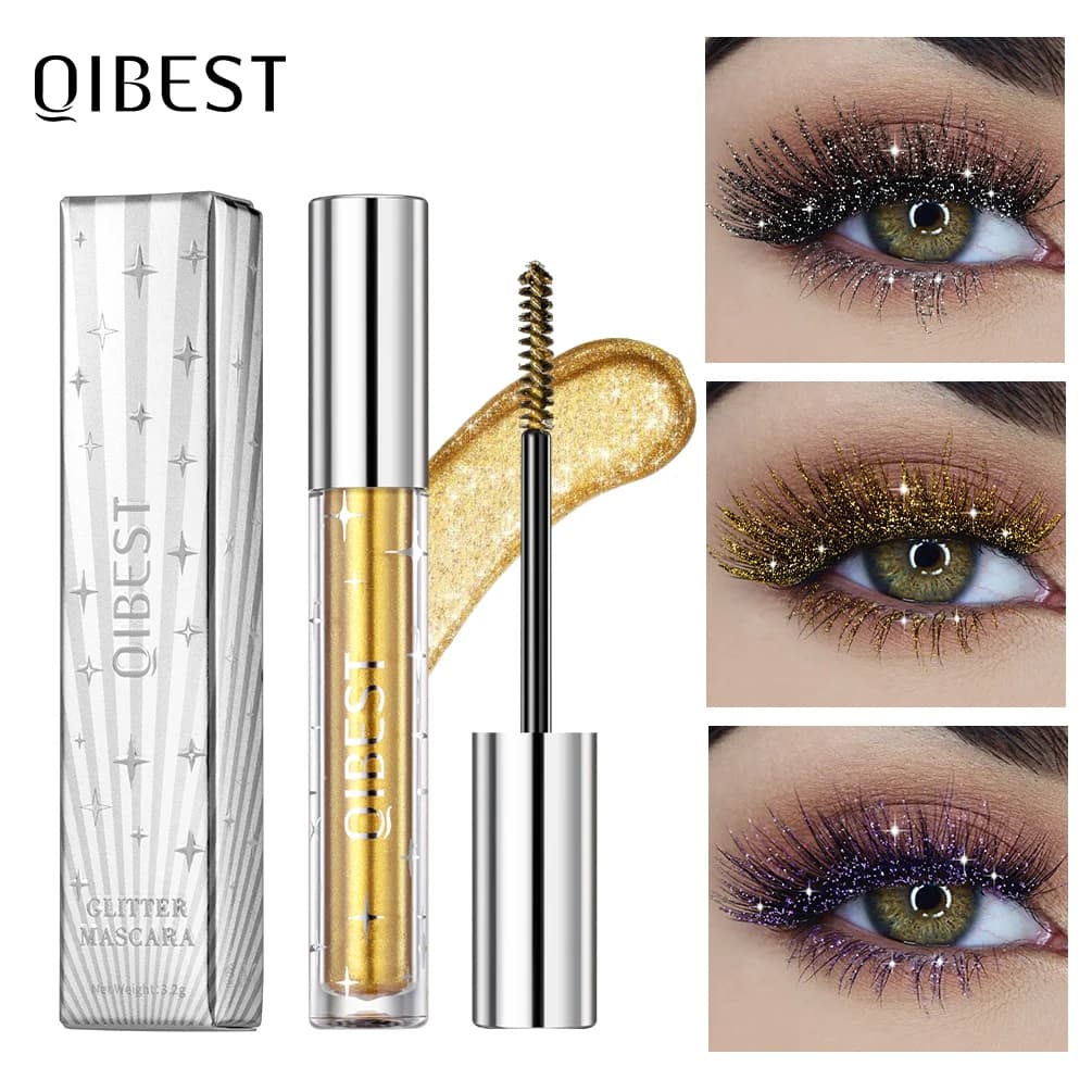 QIBEST Diamond Glitter Mascara Long Lasting Quick Dry Curling Extension ciglia Mascara Beauty Shiny Cosmetic For Women Makeup