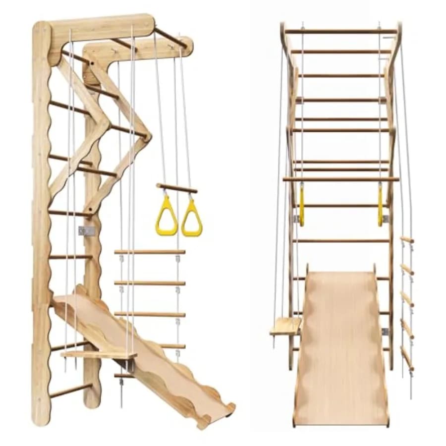 Playground Interior 5-in-1 with Swedish Scale, Climbing Structure, Altalena, Traction Bar, Corda Staircase, Climbing Wall, Slide and Ginnic Rings