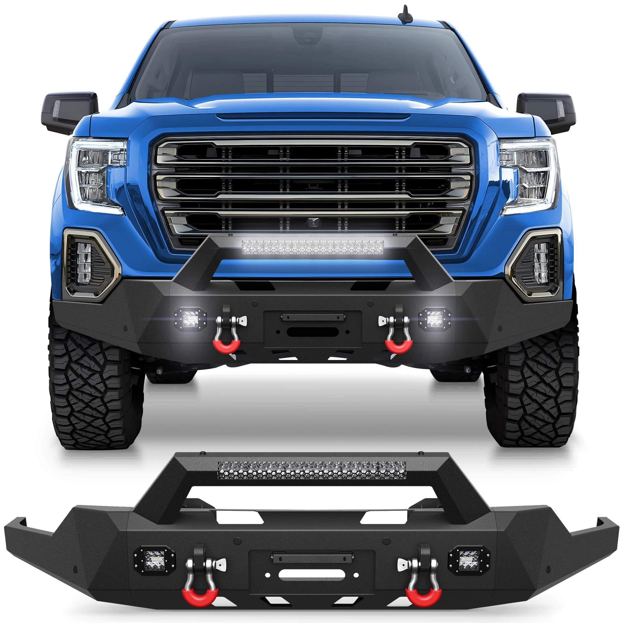 Nuovo paraurti anteriore Ulon per GMC Sierra 1500 2019-2022, con luci a LED, fori per sensori e anelli a D, paraurti nero testurizzato