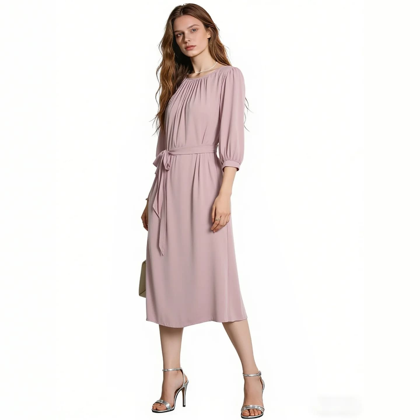 Women's Dress Spring 2026, Round Neck, Smurf Sleeves, With Belt and Pockets, Casual Pink Dress