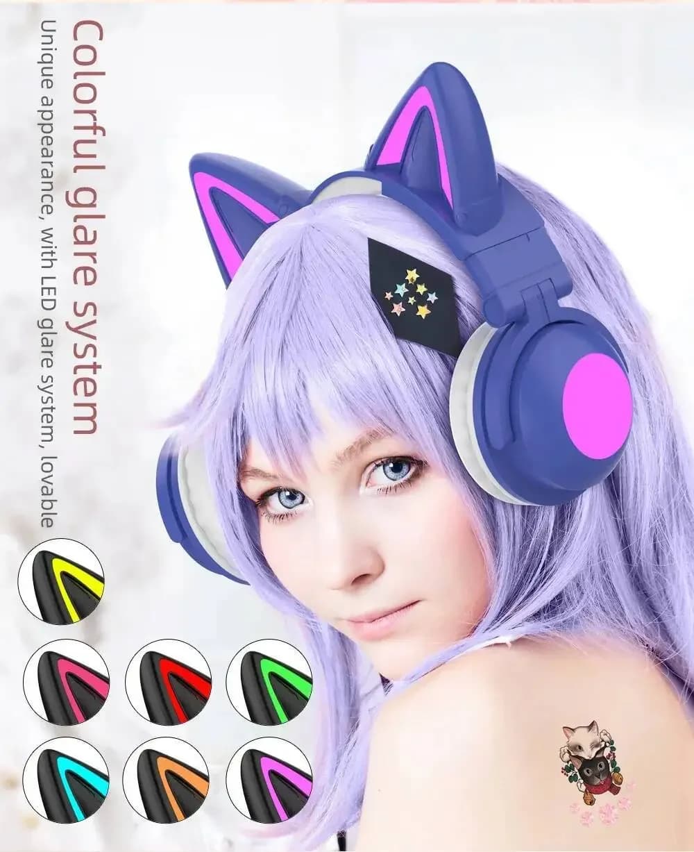 ZW068 Cat Ear Headphones with LED Light Bluetooth Headphones Foldable with High Definition Microphone Sports Headphones for Samsung for PC
