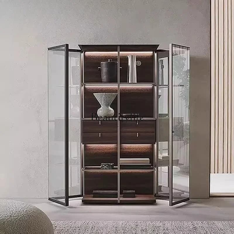 Armadietto per vino minimalista italiano con doppia anta in vetro aperta, moderno e di fascia alta