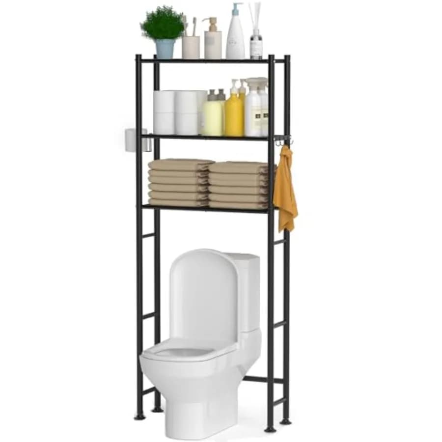 Mobiletto portaoggetti a 3 livelli da posizionare sopra il WC con porta carta igienica e 4 ganci, organizer e ripiano in metallo per il bagno.