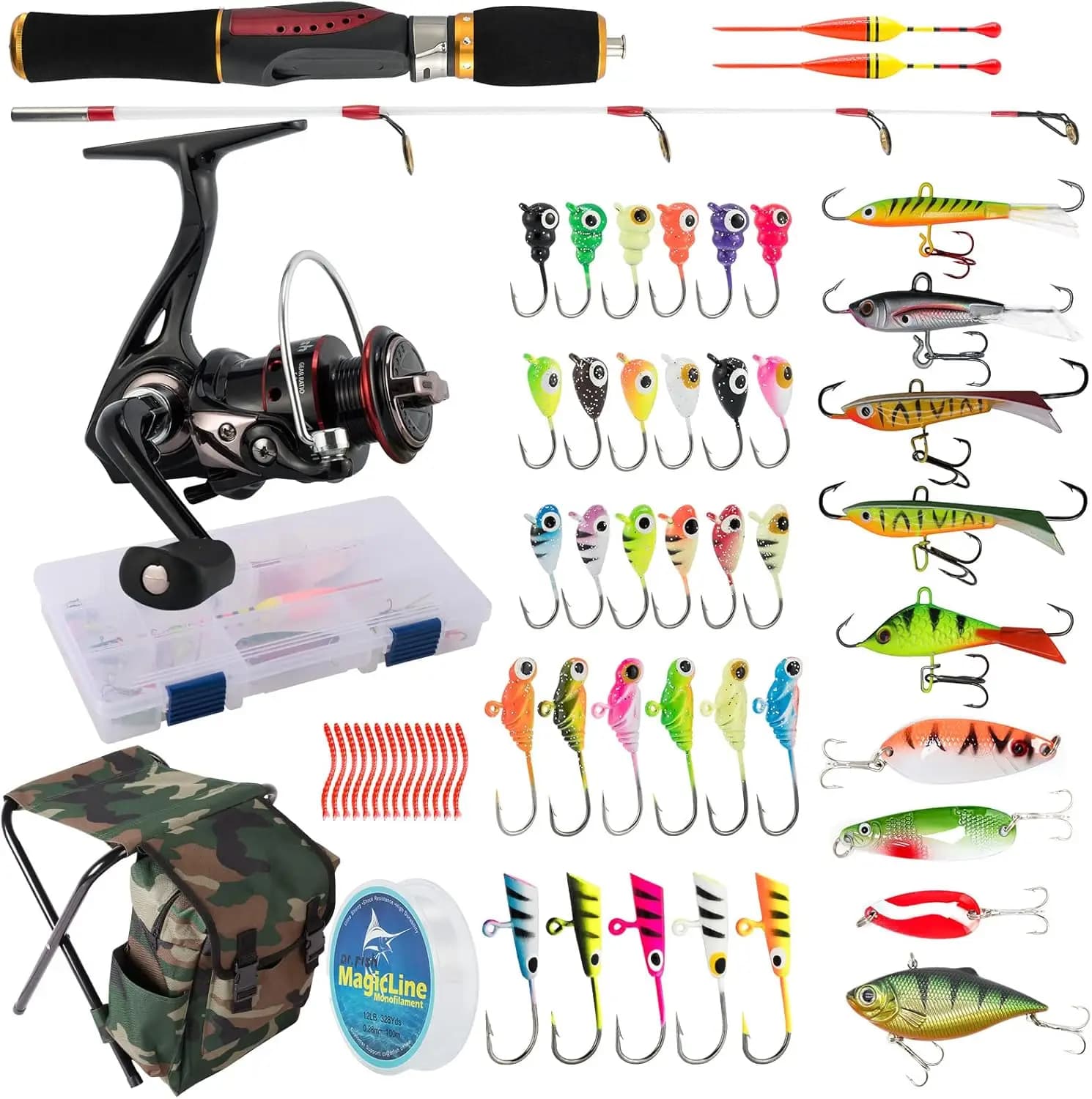Combinazione canna da pesca sul ghiaccio e mulinello con sedile zaino, esche e accessori per la pesca invernale