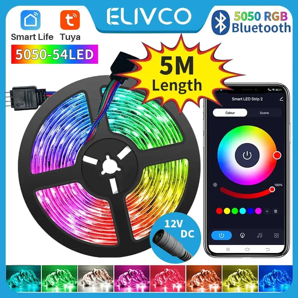Tuya Smart Life LED Light Strip Control Bluetooth DC12V 5M SMD 5050 54leds/M Flexible Rope Lamp for Backlight TV Screen Desktop