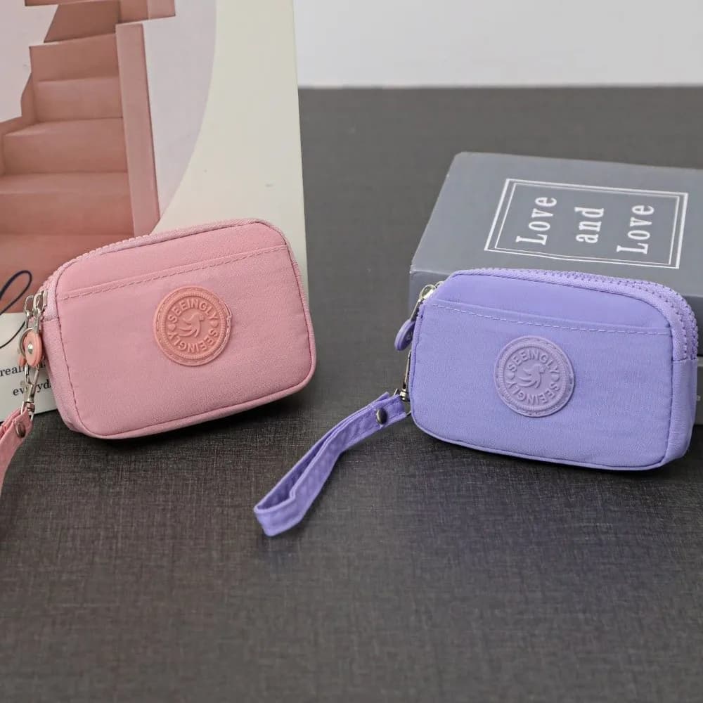 Portafoglio da donna portatile in tinta unita con portamonete impermeabile con cordino Pochette da donna con cerniera in nylon a doppio strato