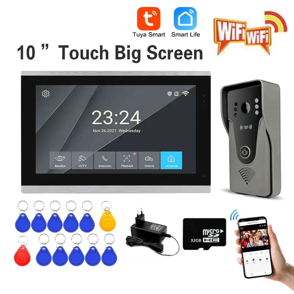 Tuya 1080P 10 Inch Color Touch Screen Wireless WiFi Wireless Doorbell Smart APP Home intercom kit for RFID access control system