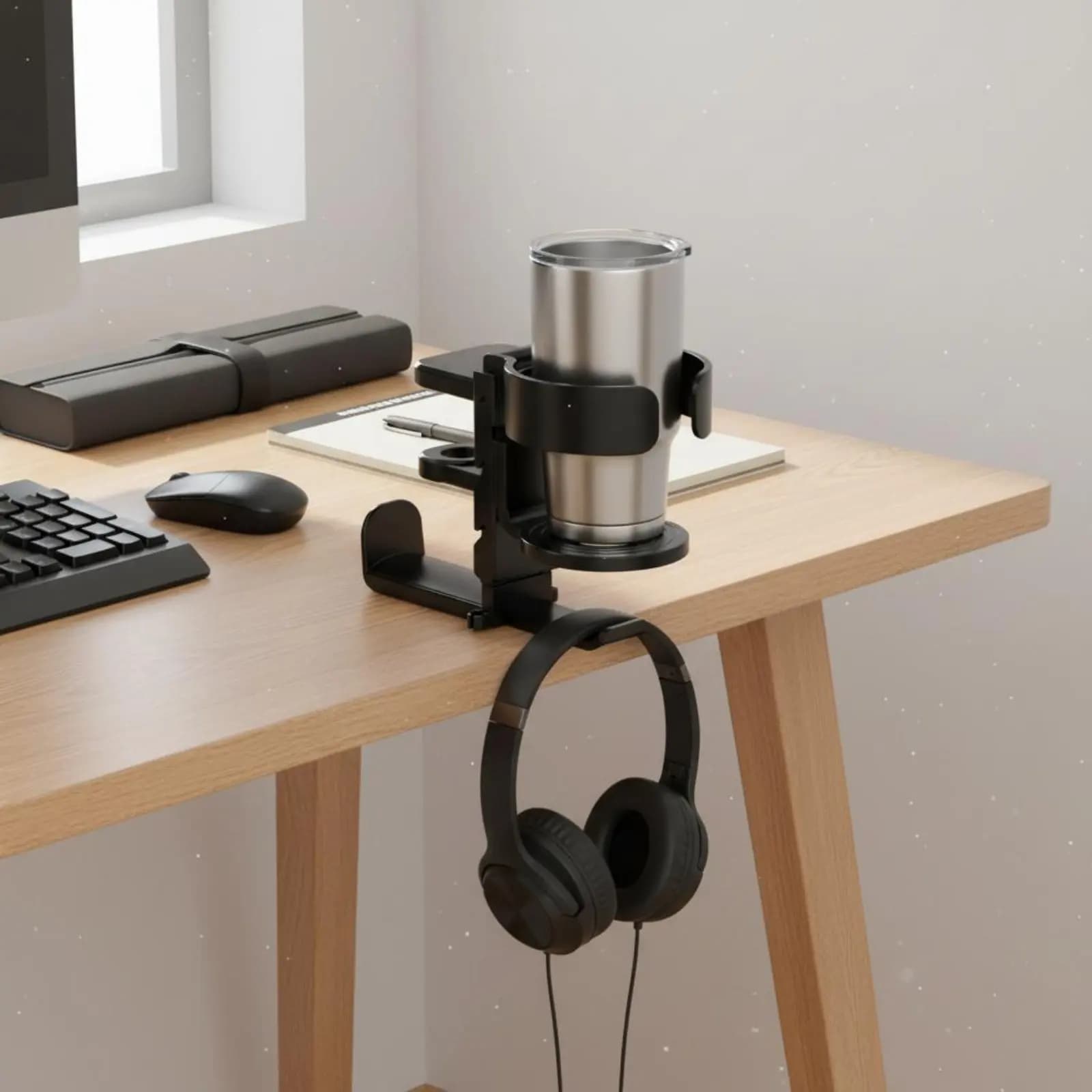 2-in-1 support for Headphones and Beverages, Multifunctional Support for Gaming Headphones with Beverage Holder, Headphone Holder Clamp