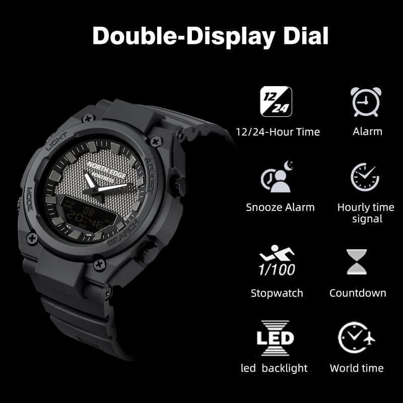 NORTH EDGE FORTRESS Men's Smart Digital Watch Stopwatch Waterproof 50M Sports Watches World Time LED Wristwatch reloj hombre