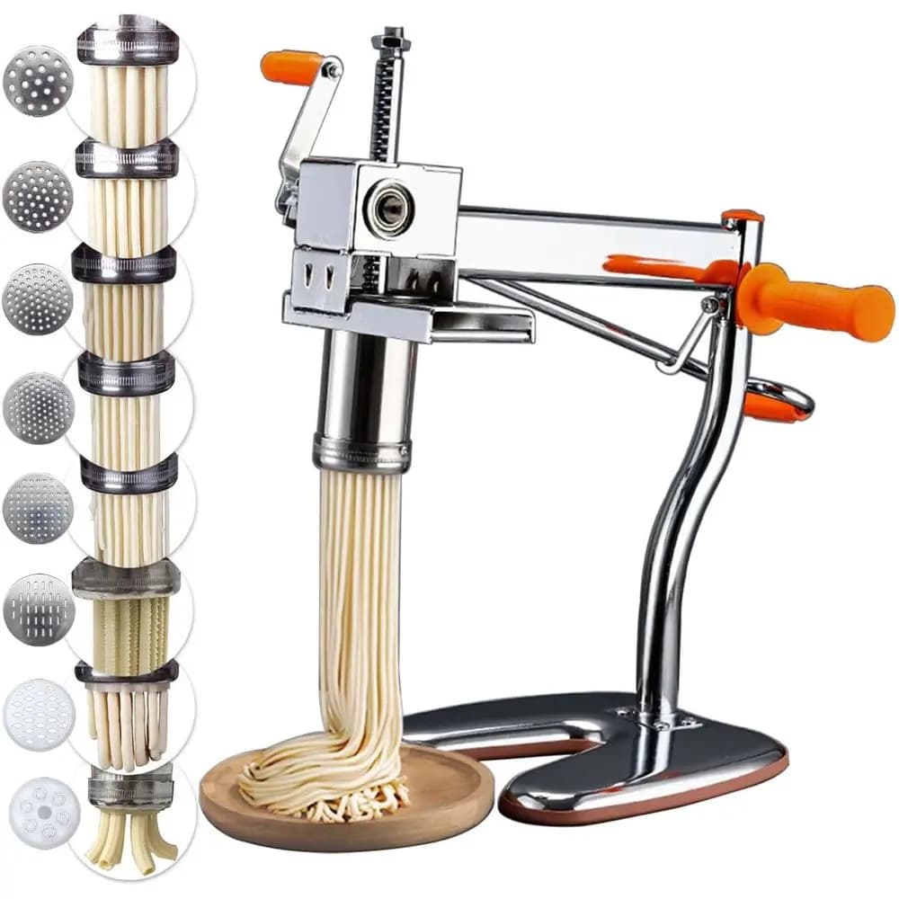 Macchina per Pasta in Acciaio a 8 Stampi per Pasta Fatta in Casa, Fettuccine e Tagliolini, Pressatura Rapida in 30 Secondi, con Spazzola per la Pulizia