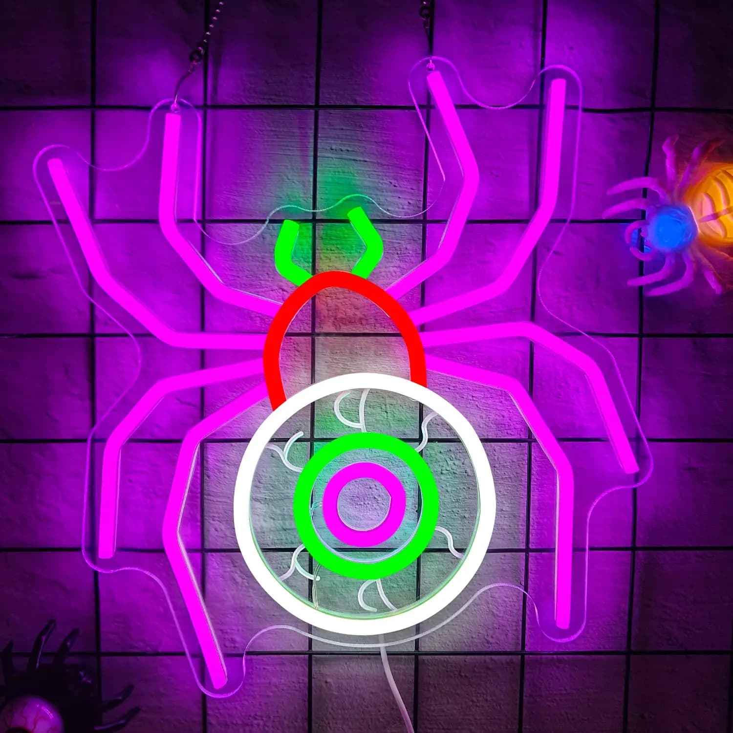 Insegna al neon ragno per decorazione da parete 5/12V USB con bulbi oculari luminosi dimmerabili Ragni spettrali Occhi luminosi gotici Decorazioni di Halloween