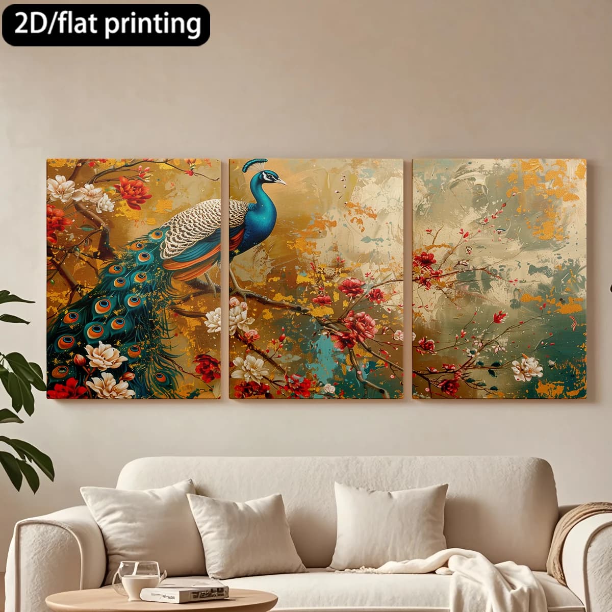 Set of 3 Squares on Canvas with Wooden Frame: Applied Vibrant Peacock, Squisite Flowers. Corridor and Bedroom Decoration
