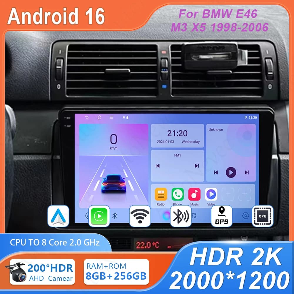 Autoradio stereo Android 4G Wifi BT per BMW E46 M3 X5 1998-2006, lettore multimediale con navigatore GPS, schermo QLED, dashcam, non 2din.