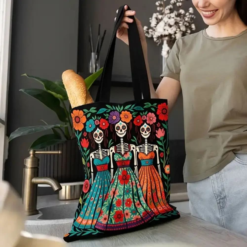 VIKAMA Floral Art Reusable Large-Capacity Double-Sided Canvas Tote Bag Is Suitable For Shopping, Traveling And Daily Use