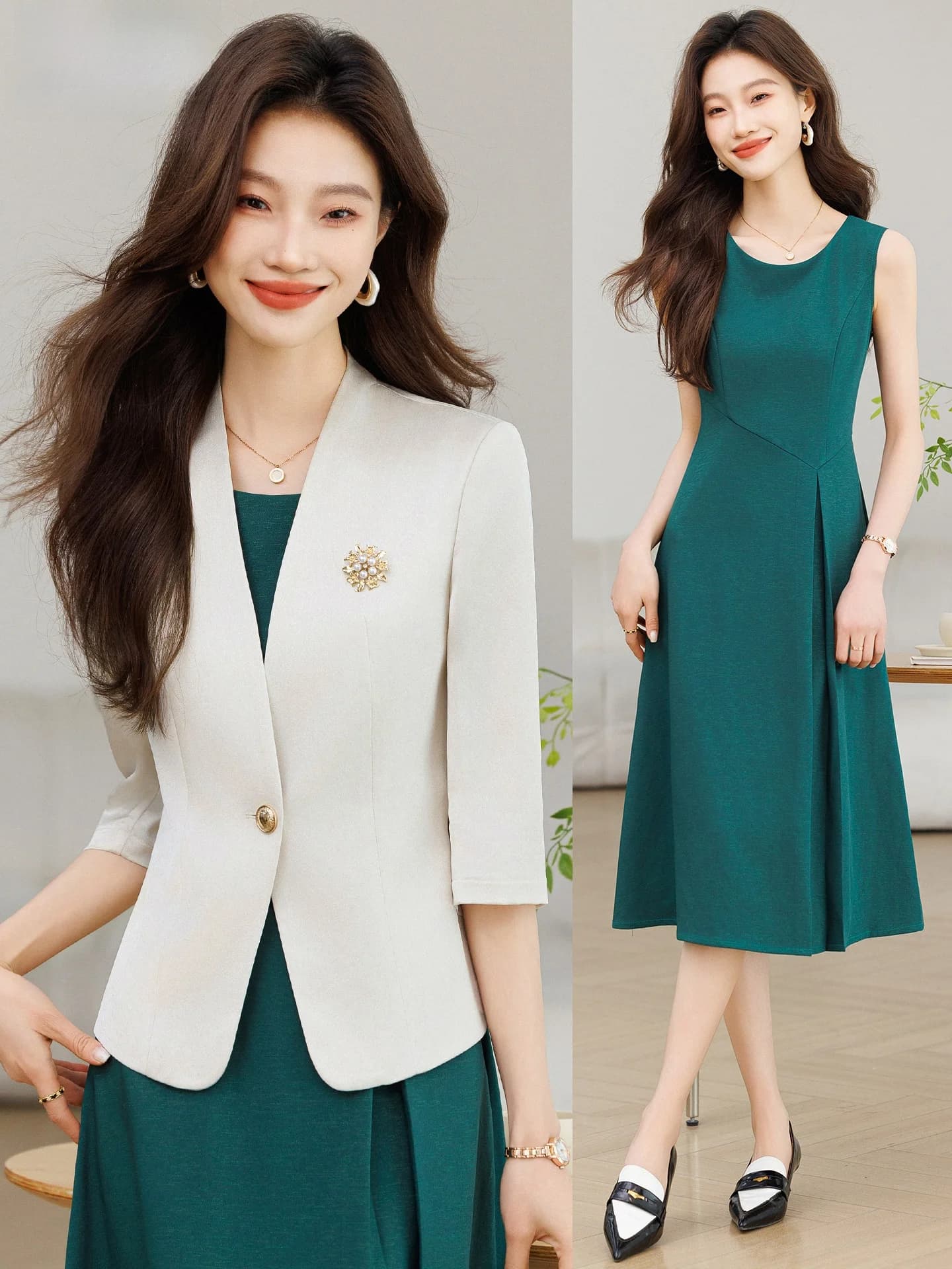 Elegant Casual Women's Suit Jacket with Dress Seven-Quarter Sleeve Commute Style Spring Summer New Arrival Slim Fit round Neck