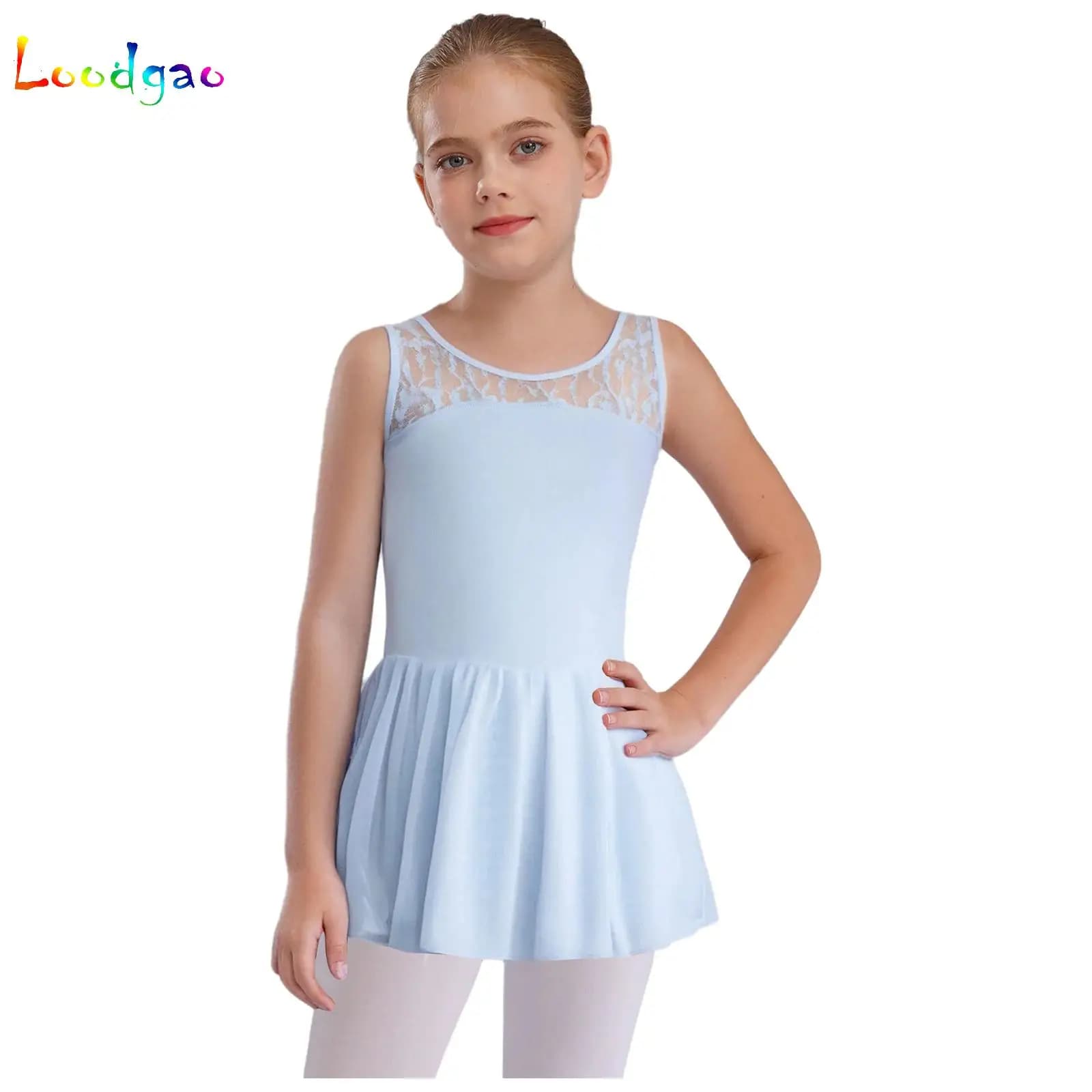 Kids Girls Ballet Dance Practice Training Costume Sleeveless V-Back Sheer Mesh Cotton Dress Ballerina Performance Dancewear