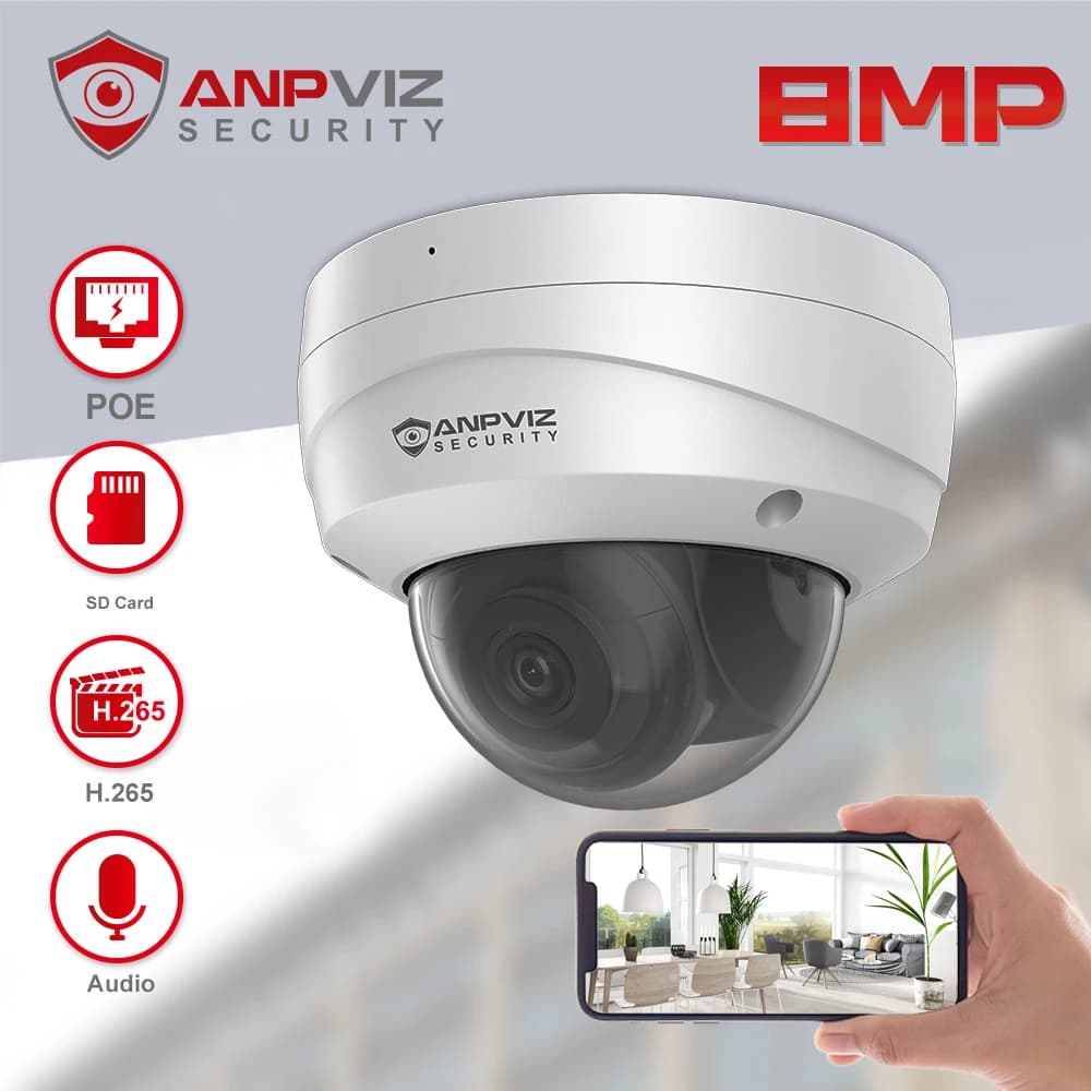 Anpviz 8MP Dome POE IP Camera Security Outdoor IR Range 30m CCTV videosorveglianza IP67 Max 256GB Storage H.265 + microfono integrato