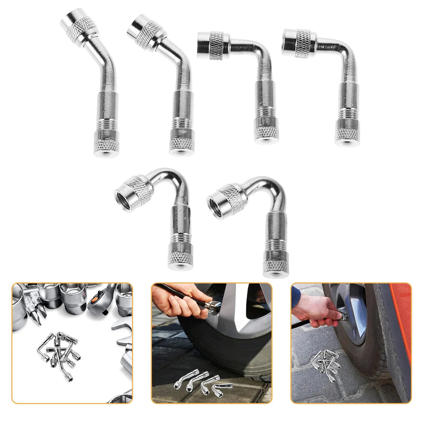 6 Pezzi Prolunghe Universali Angolate per Valvole, Estensioni per Gonfiaggio Pneumatici per Monocicli, Auto, Camper, Camion, Biciclette, Scooter, Ruote Doppie