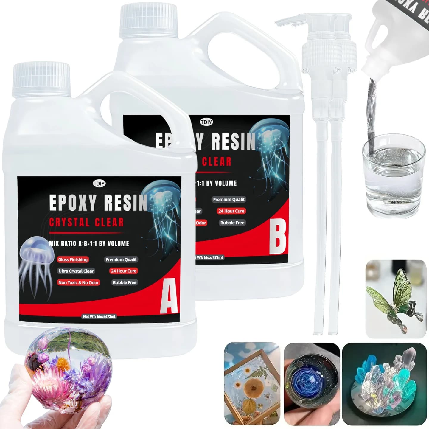 Clear Epoxy Resin, Adhesives, Easy to Mix 1:1 Ratio, Low Odor, Bubble-Free, Suitable for Jewelry, Casting And Coating, Handmade