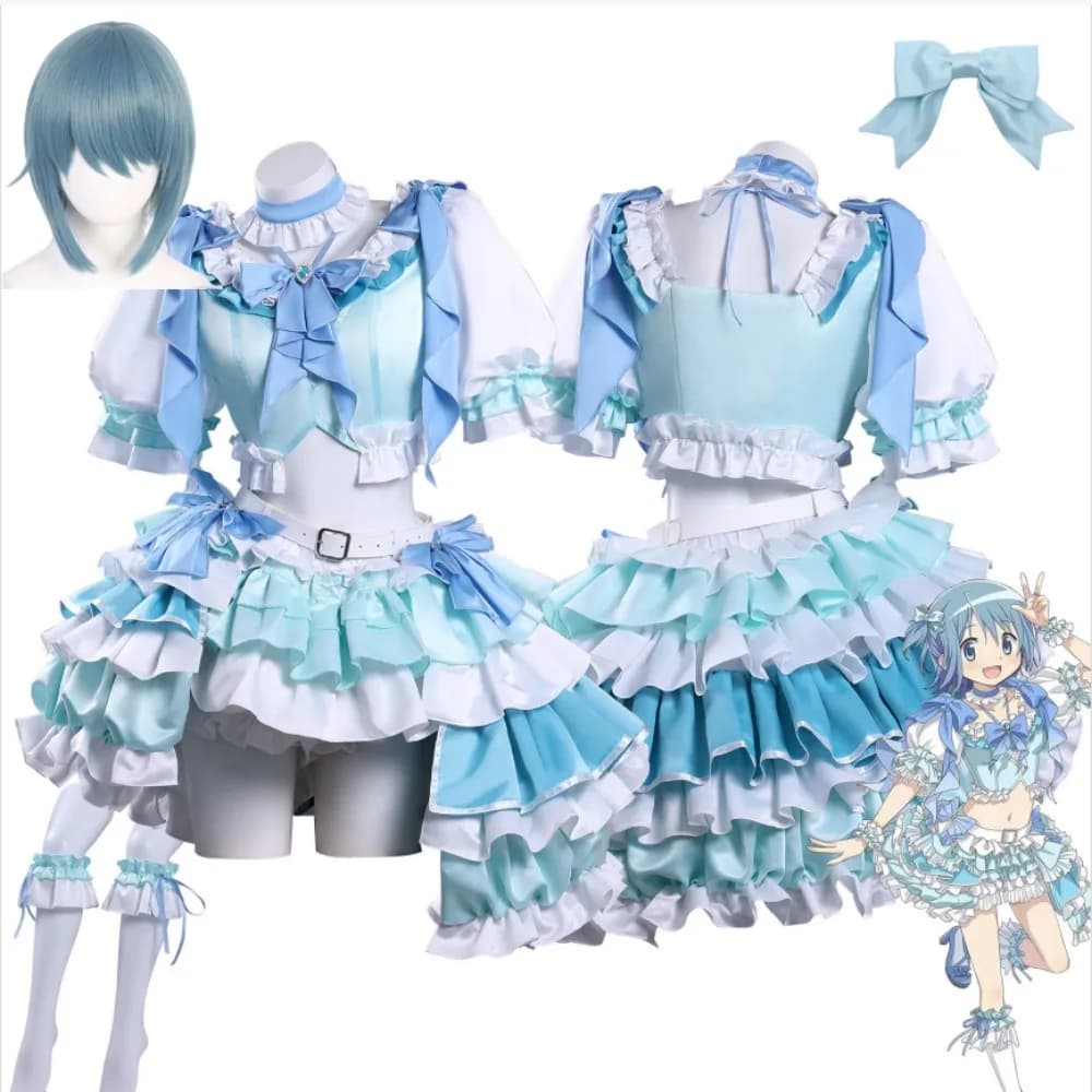Costume Cosplay Anime Puella Magi Madoka Magica Sayaka Miki, Vestito Blu Carino con Fiocco, Accessori e Parrucca per Halloween e Spettacoli