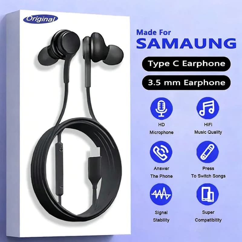 Type C Wired Microphone Earphone For Samsung Galaxy S25 24 S23 S22 S21 Ultra Plus In Ear 3.5 MM Earbuds For Work Music Calls