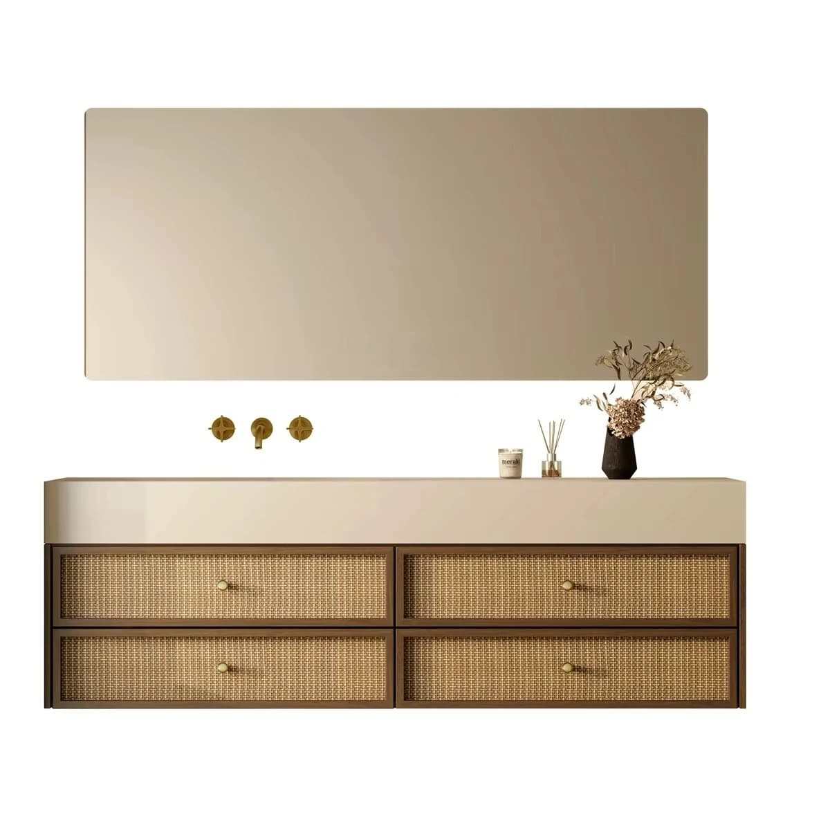 Mobile da bagno in legno massello, lavabo, WC, cassetto a parete, toeletta con lavabo, set specchio con luci