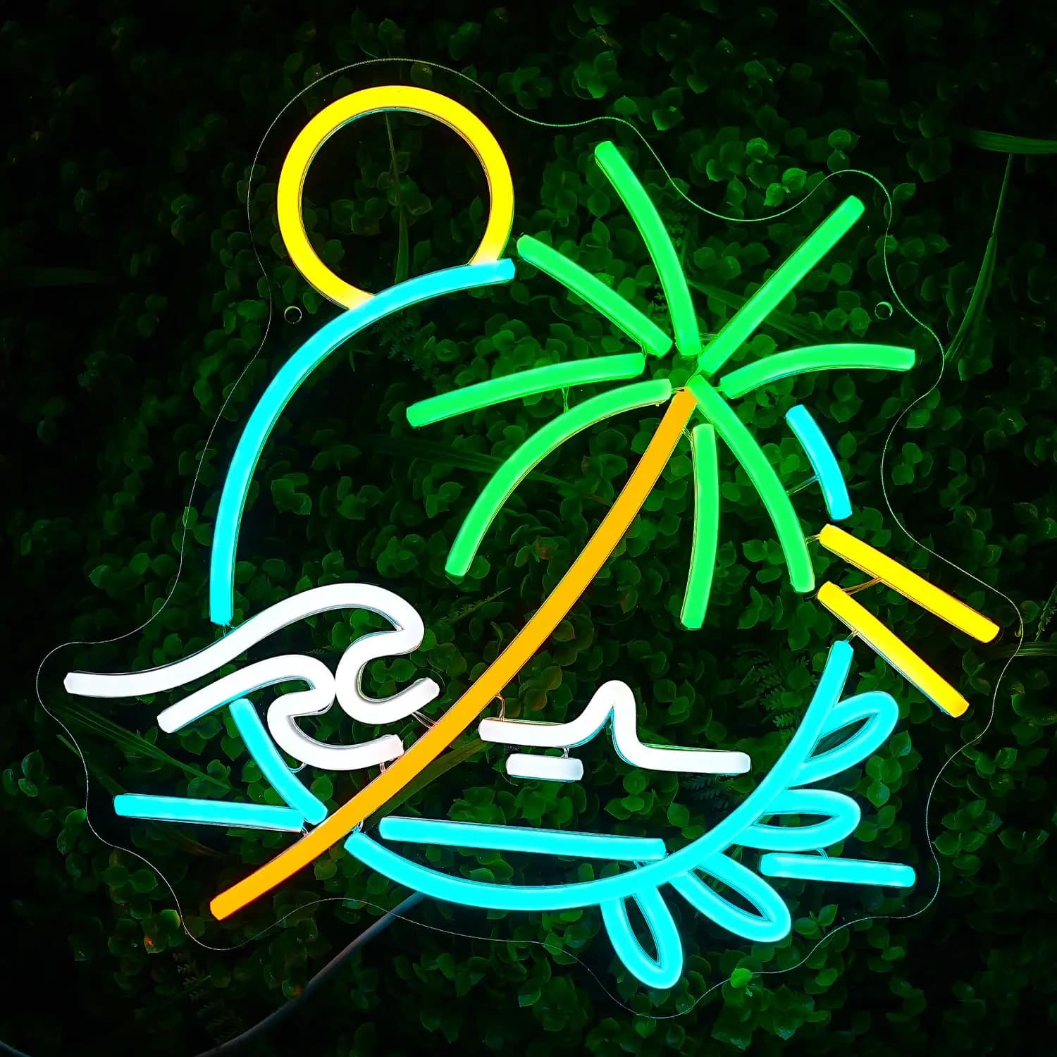 Insegna al neon con palme per decorazioni da parete, design a cerchi con onde marine, insegna illuminata per camera da letto, soggiorno, uomo, grotta, bar, hotel