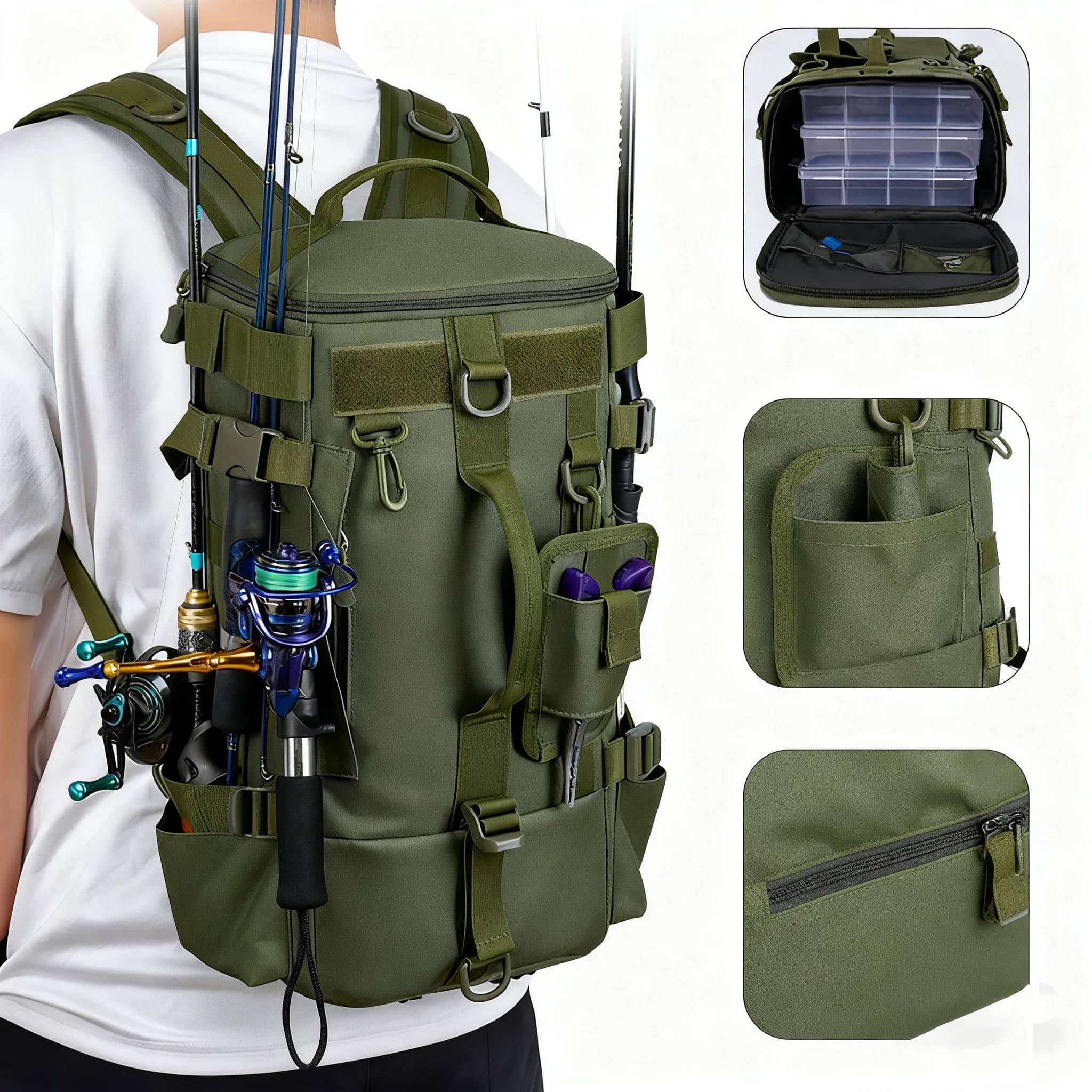 Zaino da pesca multifunzionale Borsa per attrezzatura con supporti per aste Borsa per attrezzature per pesci Borsa per sport all'aria aperta resistente all'usura impermeabile
