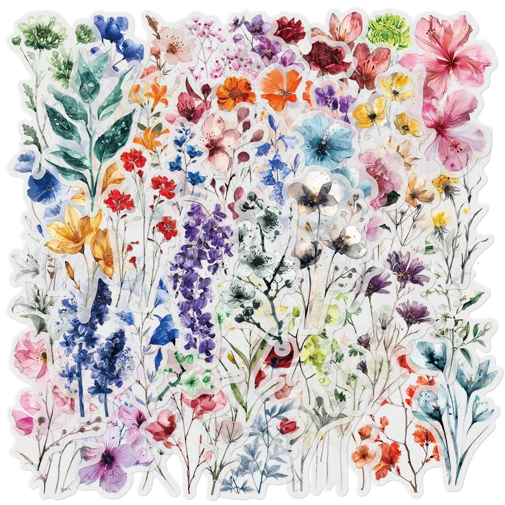 50 flower stickers with ink, DIY phone case, material, manual, transparent PET stickers for plants with water cup