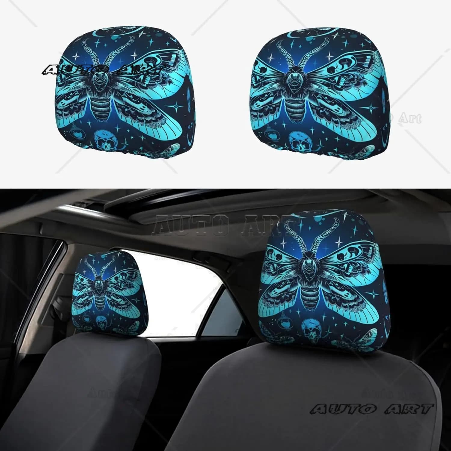 Set di 2 coperture per poggiatesta per auto con teschio gotico mistico e farfalla, set di 2 accessori universali per poggiatesta per sedile automobilistico per camion per auto