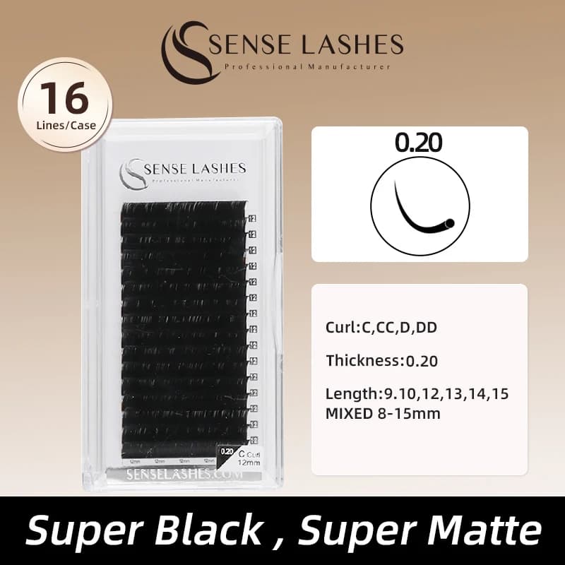 SENSE LASHES 16 file Ciglia individuali 0,20 mm C/CC/D/DD Curl Premium Nero opaco Estensioni ciglia classiche