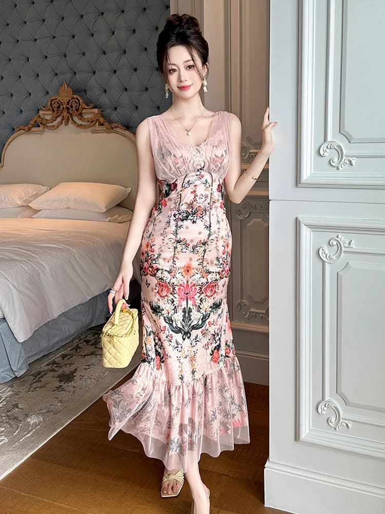 Summer Fashion Pink Floral Print Vacation Evening Dress Sexy Tank with V-neck Slim Long Robe Party Prom Dress
