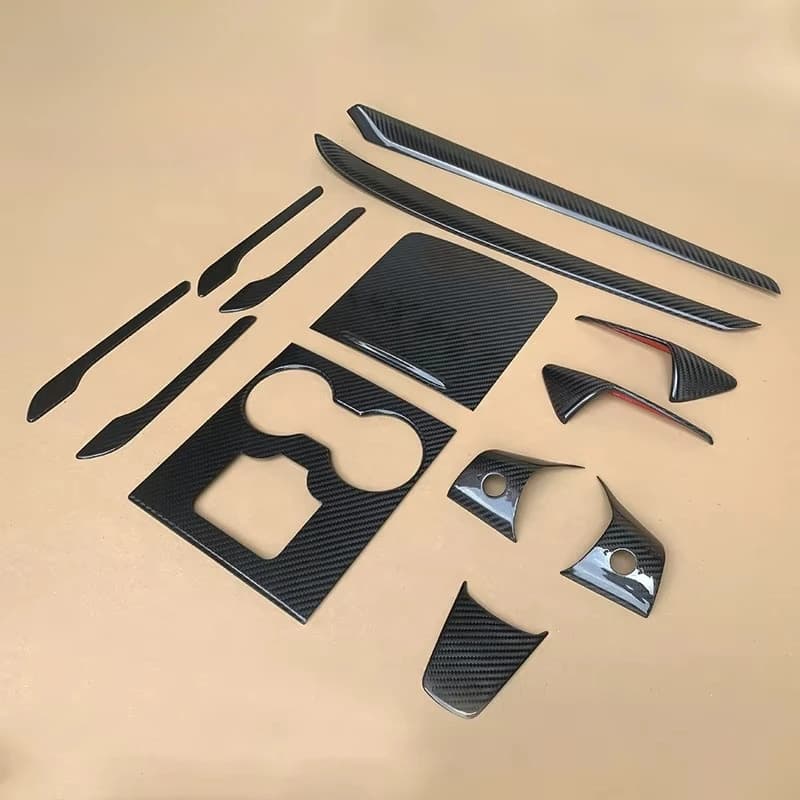 PER Tesla Modello 3 Kit interno in fibra di carbonio a secco Modello Y Striscia di rivestimento della porta Rivestimento del volante Maniglia della porta Piastra di copertura della fotocamera