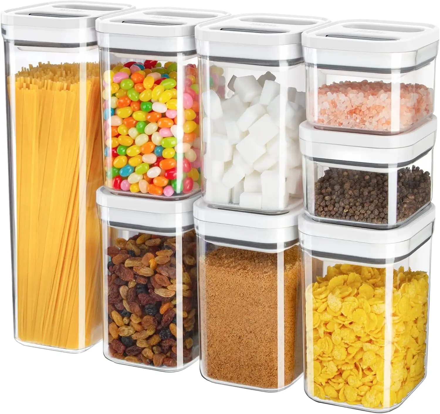 Set di 8 Contenitori Ermetici per Alimenti, Organizzatori per Dispensa Senza BPA con Apertura a Una Mano