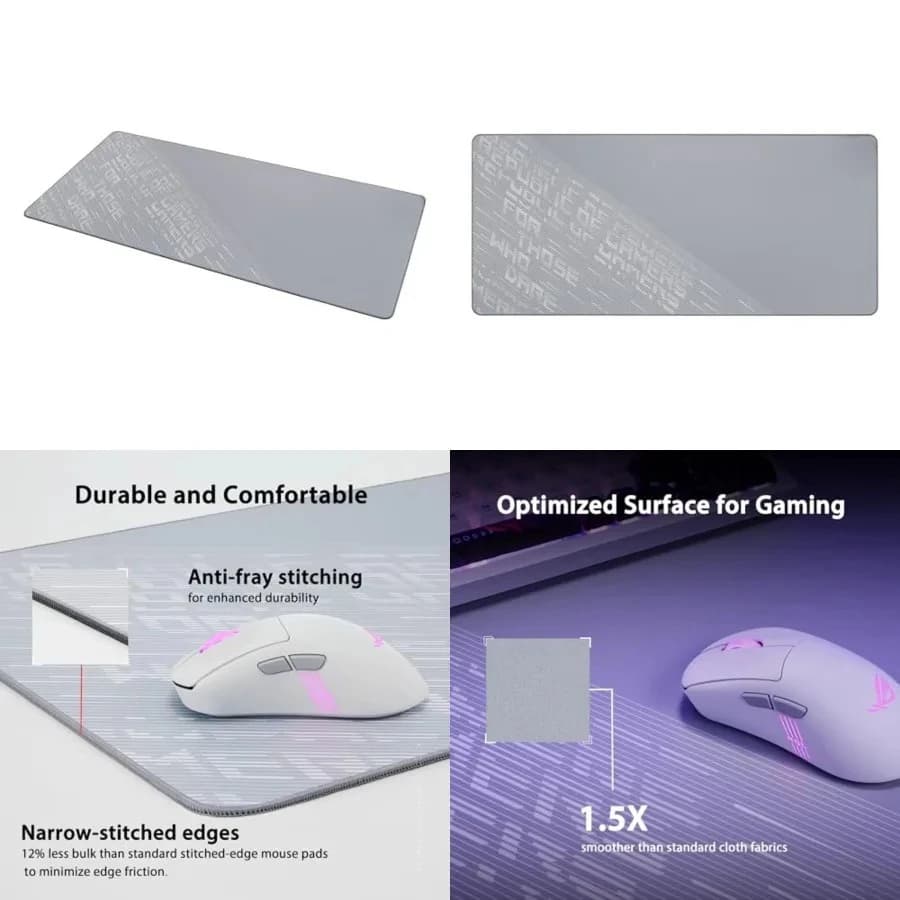 Tappetino per mouse da gaming ROG Scabbard II Arctic XXL 35,4 x 15,7 cm, formato esteso/XXL, superficie in tessuto morbido, resistente ad acqua/olio/polvere, anti-schizzi.