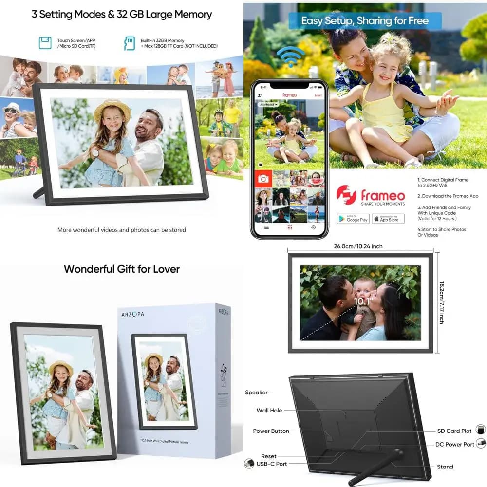 Cornice per foto digitale intelligente WiFi 10.1, 32 GB, touchscreen IPS 1280x800, rotazione automatica, diapositive, condividi foto/videos da remoto