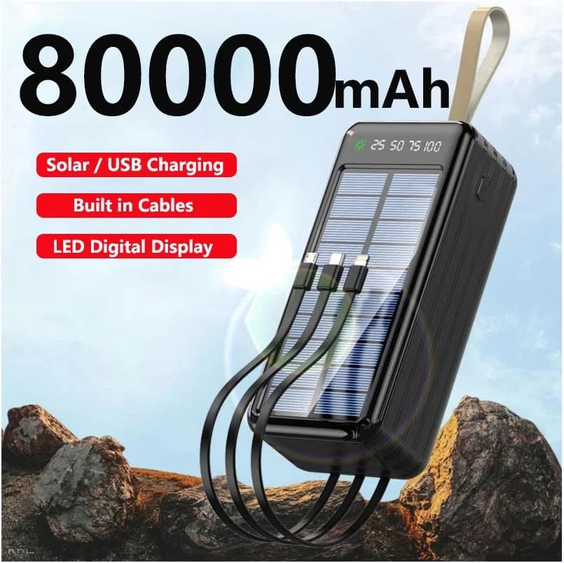 80000mAh Solar Power Bank costruito 4 cavi Caricatore portatile Powerbank per iPhone 16 Samsung Huawei Xiaomi Batteria di ricambio esterna