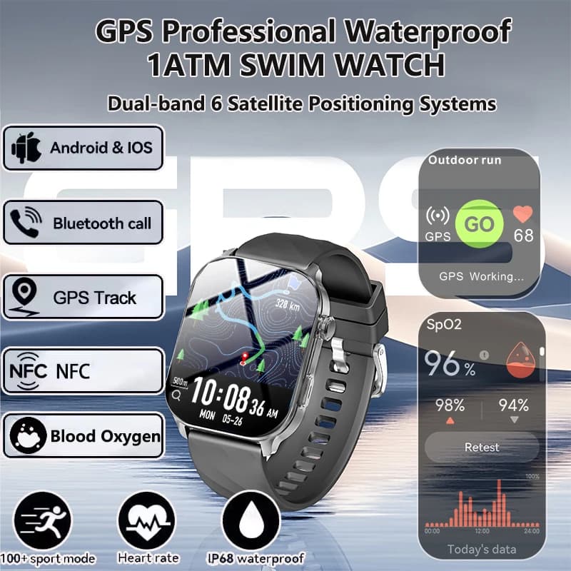 2025 New GPS Smart Watch Blood Oxygen Heart Rate Blood Pressure Monitor Bluetooth NFC 3ATM GPS Localization Smartwatch Men