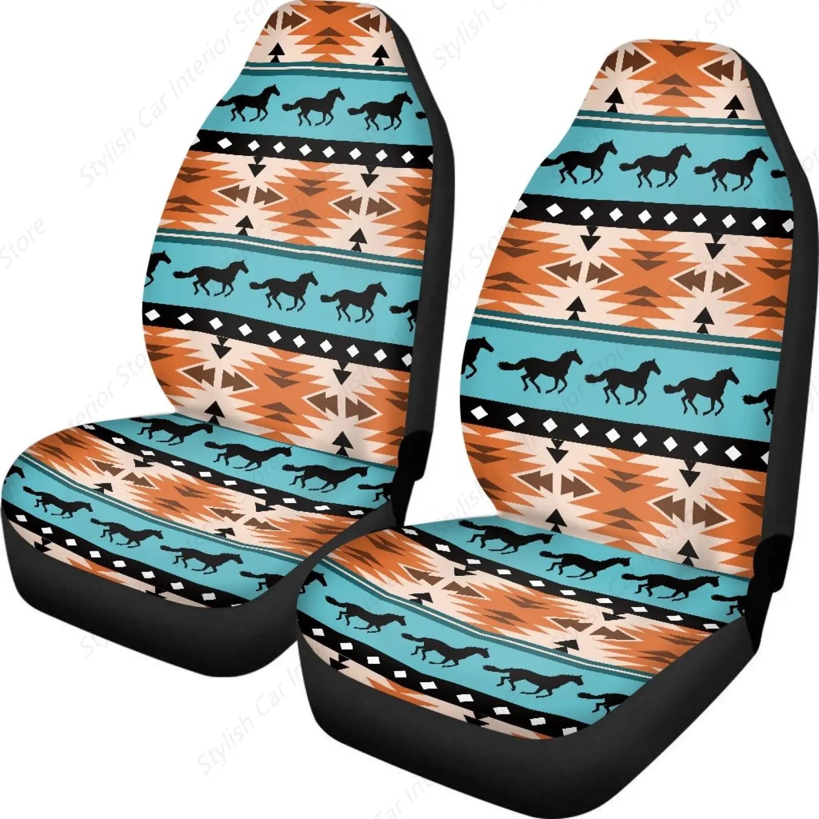 Western Aztec Horse Car Seat Covers For Men 2pc Native American Style Durable Front Car Seat Protector Universal Fit Most SUV
