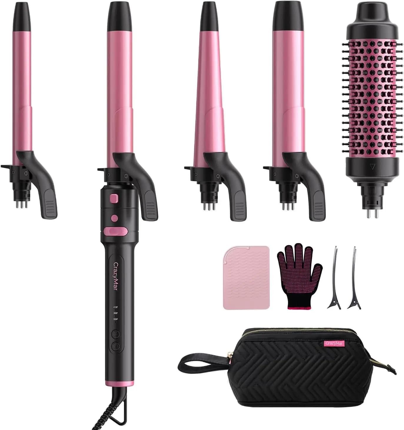 Set Ferro Arricciacapelli Automatic Rotating 5-in-1 with Ceramic Cylinders, Double Voltage for Travel and Professional Styling
